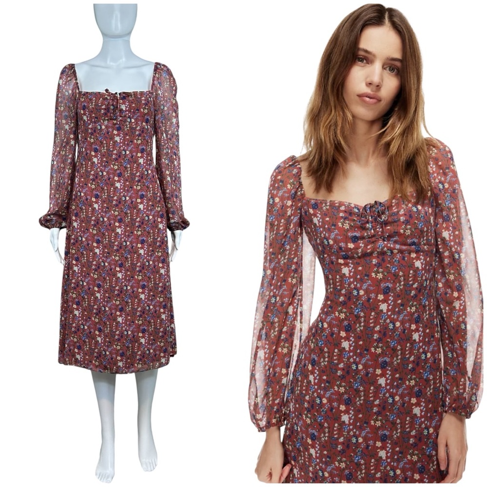 Aritzia Wilfred Jacqueline Babydoll Floral Print Midi Dress Cottagecore Size 2